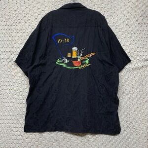 J Rowe 100%Silk Shirt Men 2X Tall Black Hawaiian Short Sleeve Embroidered Back